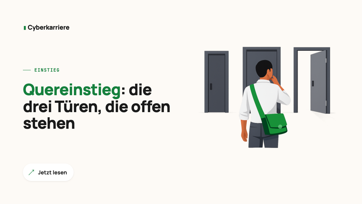 Illustration: Person vor drei Türen, die den Einstieg in die IT-Security symbolisieren