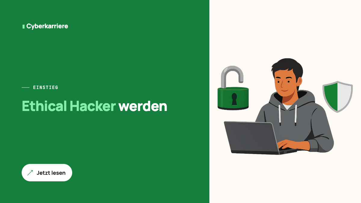 Illustration: Person am Laptop mit geöffnetem Schloss und Schutzschild